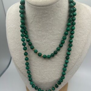 Vintage Green Malachite 14k Accent Beads 28” Necklace Infinity Style W/ Brooch